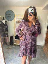 Load image into Gallery viewer, Purple Animal Print Wrap Dress With Ruffle Skirt
