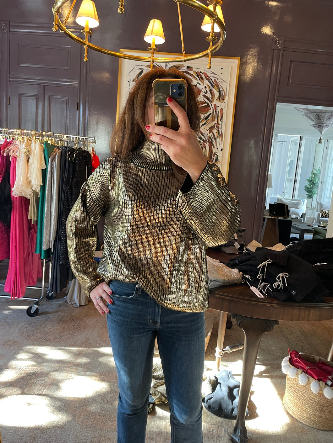 Gold Metallic Mock Neck Sweater
