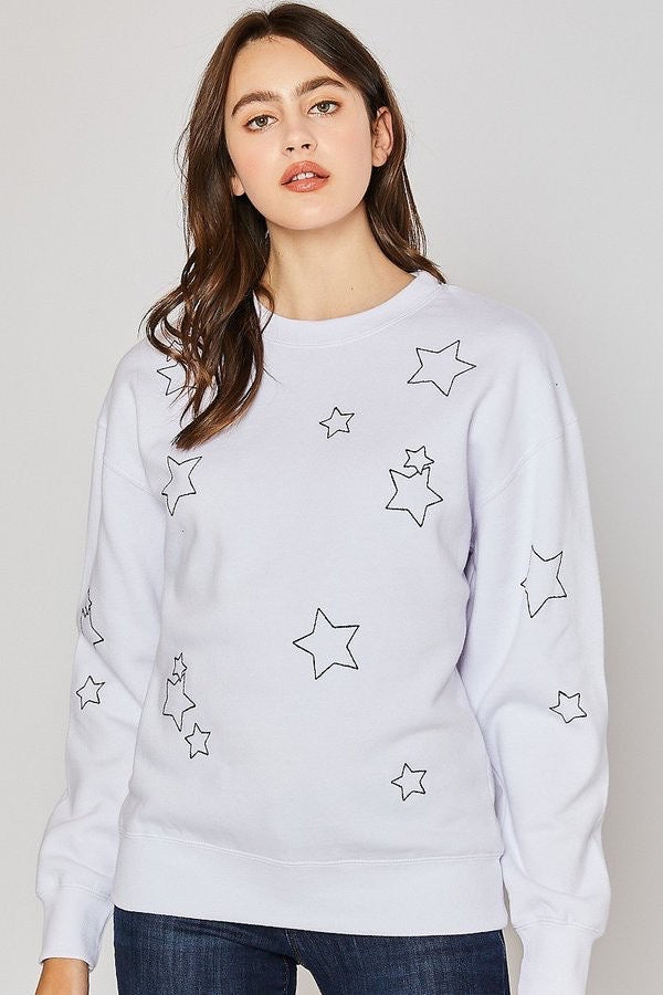 Crew Neck Fleece Sweatshirt with Star Embroidery