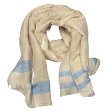 Load image into Gallery viewer, Linen Scarf with Light Blue Stripes
