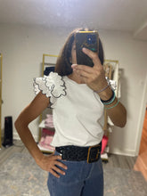 Load image into Gallery viewer, White ruffle top with black Marrow stitch
