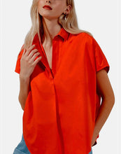 Load image into Gallery viewer, Short Sleeve Poplin Pullover Blouse with collar and high low hem-available in red and black
