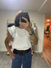 Load image into Gallery viewer, White ruffle top with black Marrow stitch
