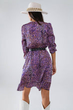 Load image into Gallery viewer, Purple Animal Print Wrap Dress With Ruffle Skirt
