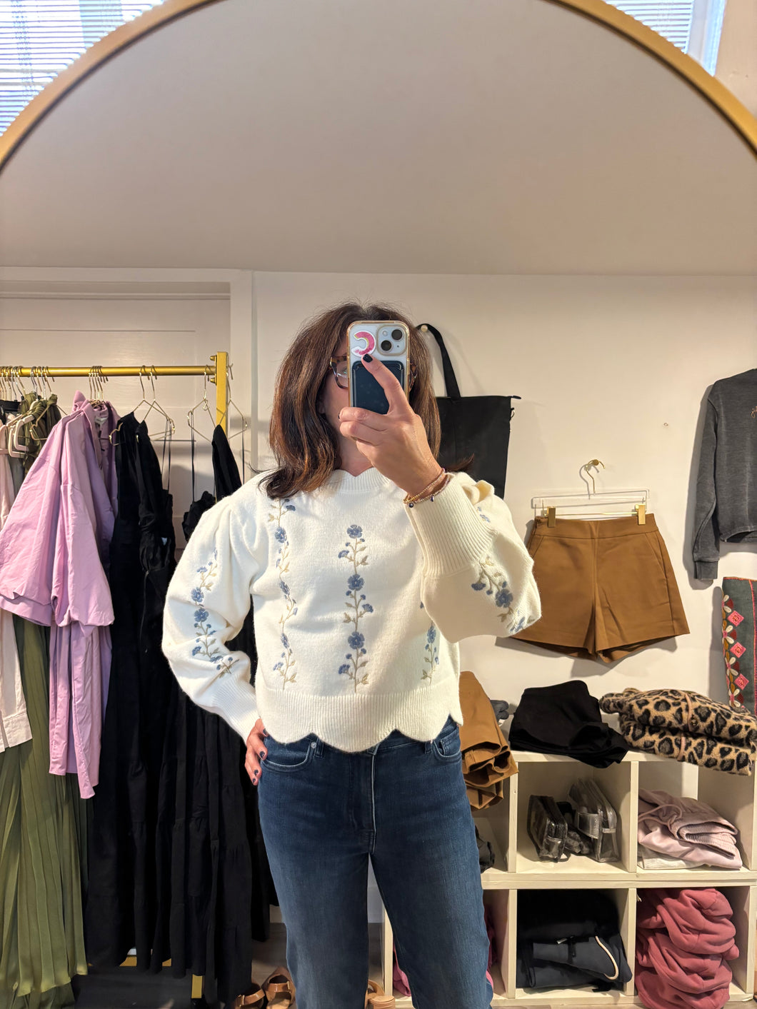 Cream Sweater with Embroidered Details and scalloped hem