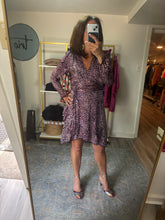 Load image into Gallery viewer, Purple Animal Print Wrap Dress With Ruffle Skirt
