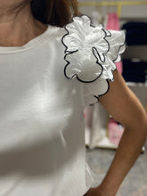 Load image into Gallery viewer, White ruffle top with black Marrow stitch
