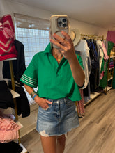 Load image into Gallery viewer, Green Glitter Striped Sleeve Polo Shirt
