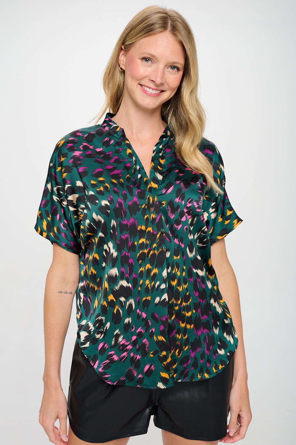 Leopard Green Short Sleeve Blouse