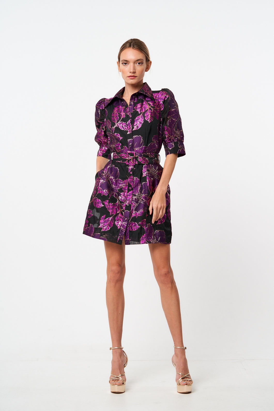 Black and Purple Print Collared Button Front Dress