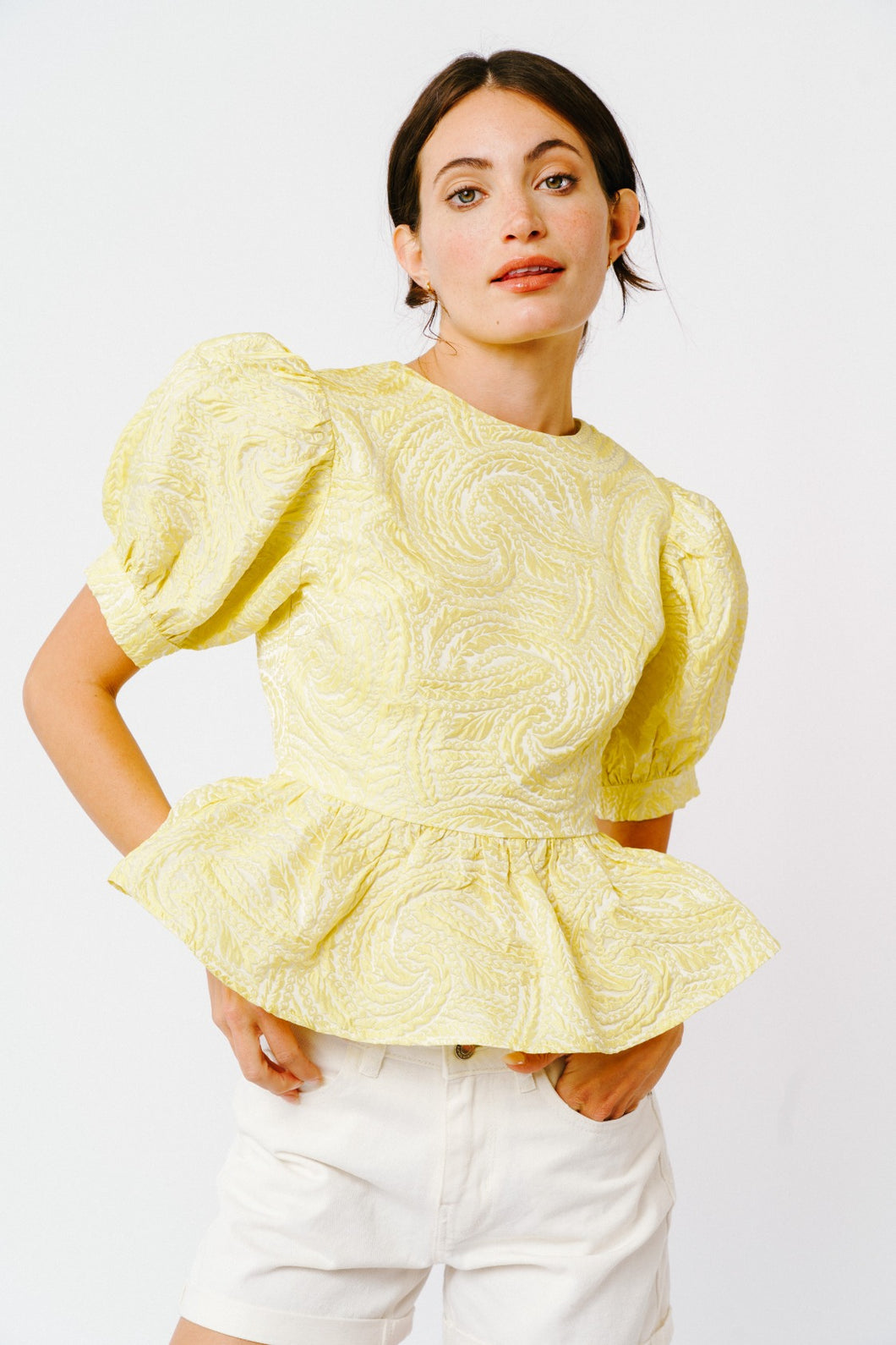 Bright Yellow Puff Sleeve Peplum Top