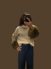 Load image into Gallery viewer, Taupe Funnel Neck Sweater with Faux Fur Detail at the Wrist
