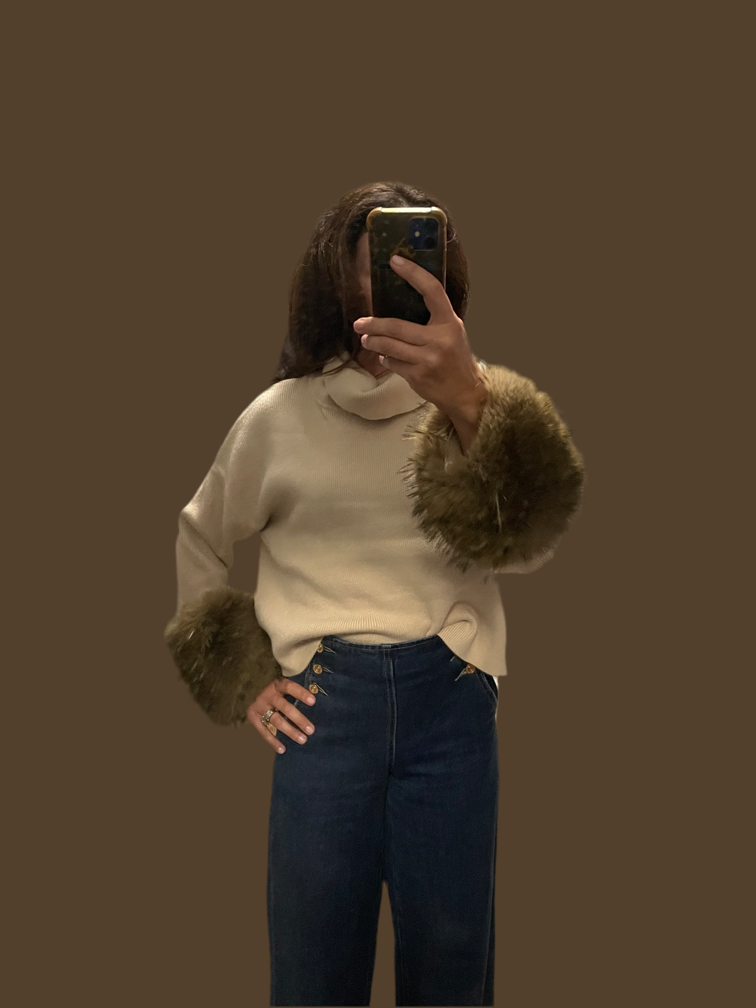 Taupe Funnel Neck Sweater with Faux Fur Detail at the Wrist