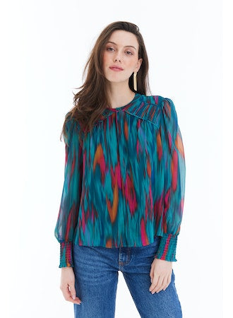 Teal Ikat Button Back Blouse