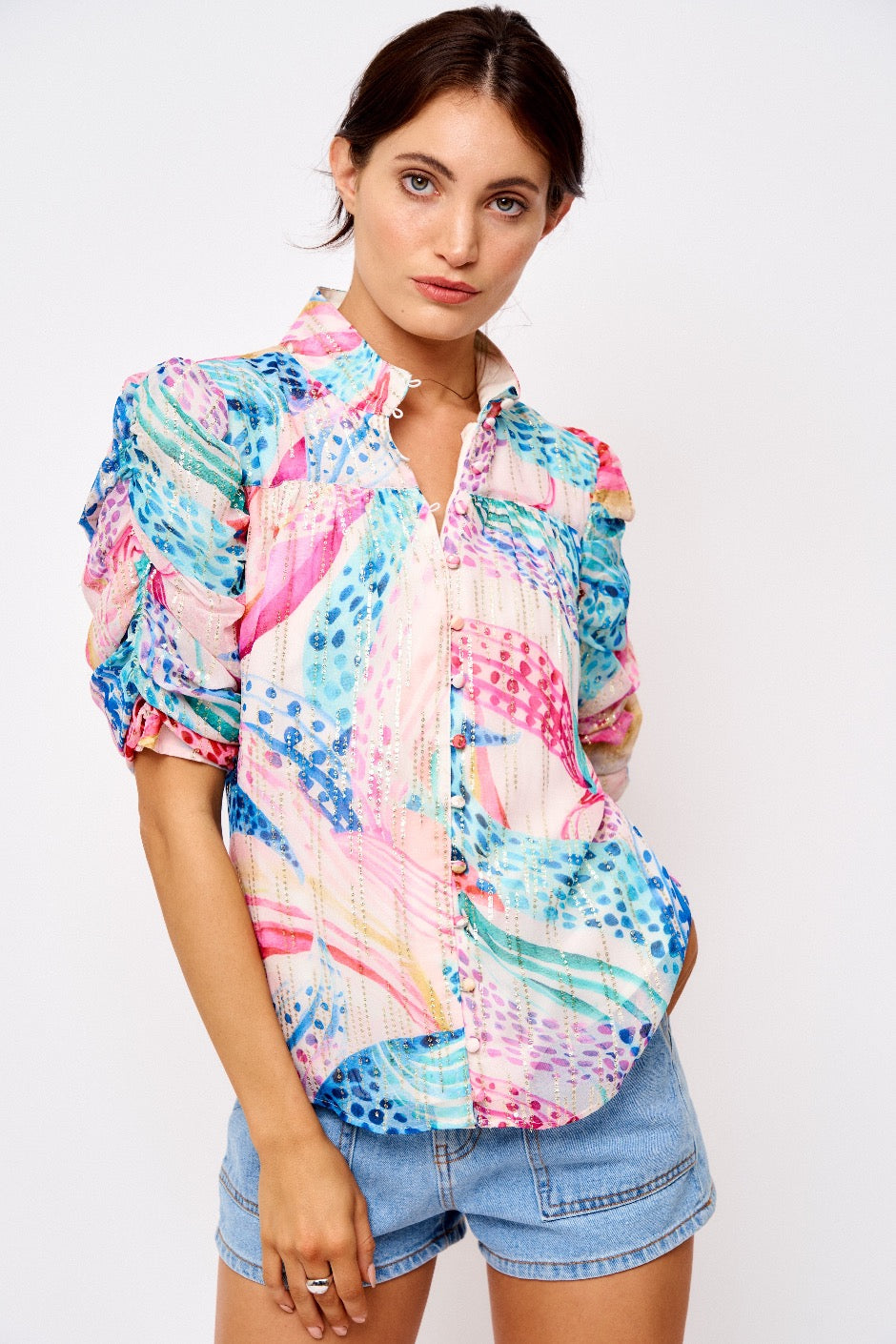 Floral Ruched Sleeve Blouse