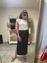 Load image into Gallery viewer, Black Denim Midi Skirt with Side Slit
