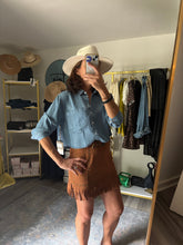 Load image into Gallery viewer, Vegan Suede Star Fringe Mini Skirt
