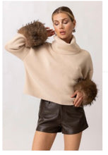 Load image into Gallery viewer, Taupe Funnel Neck Sweater with Faux Fur Detail at the Wrist
