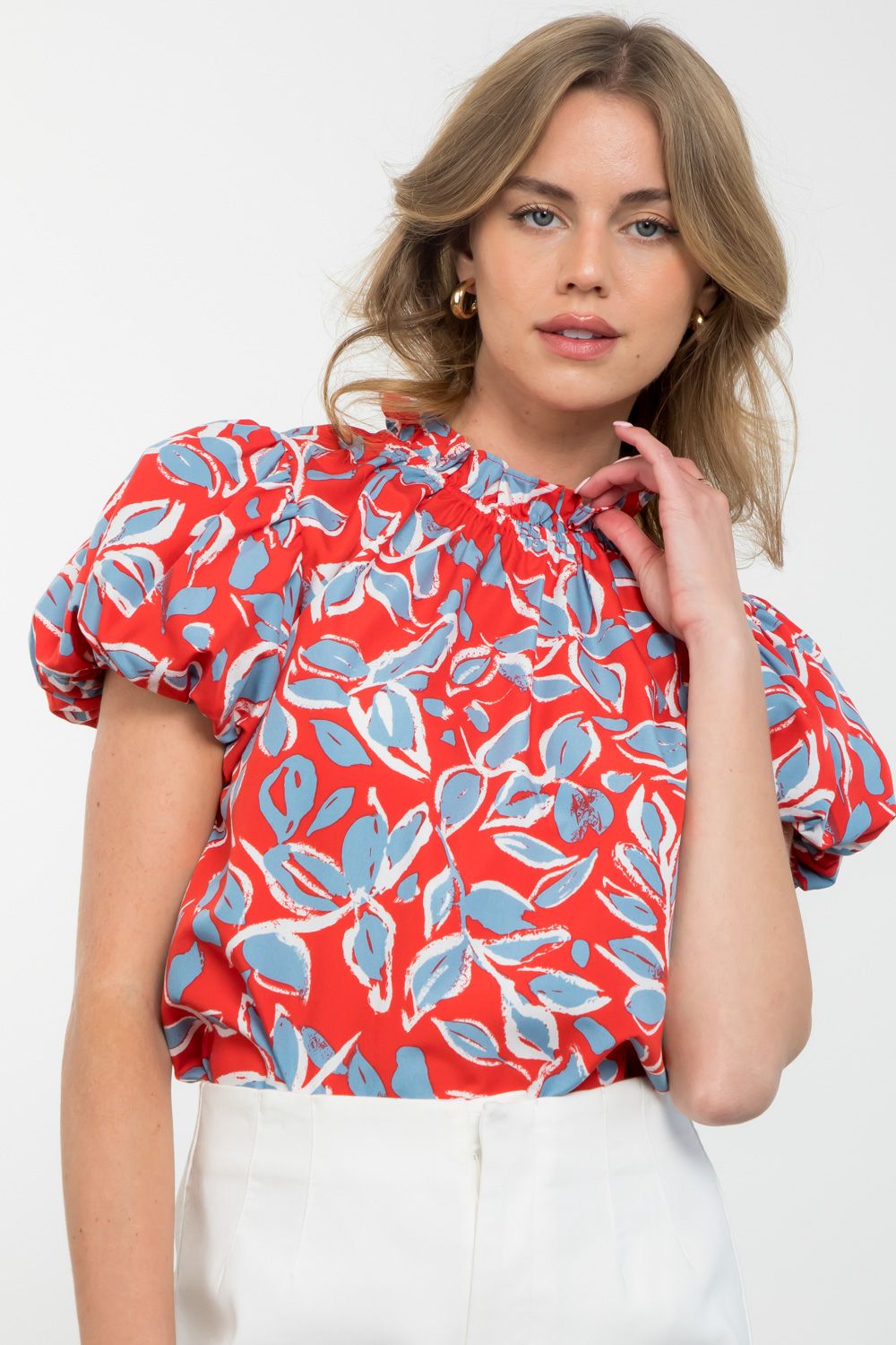Ruffle Neck Puff Sleeve Floral Top