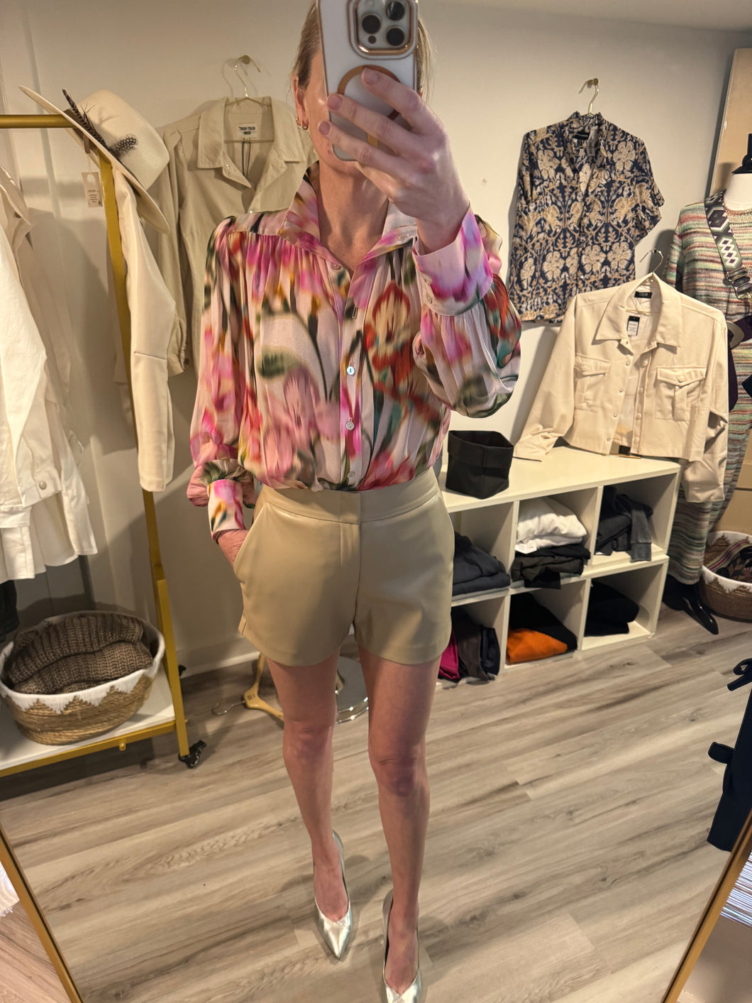 Floral Watercolor Long Sleeve Shirred Blouse