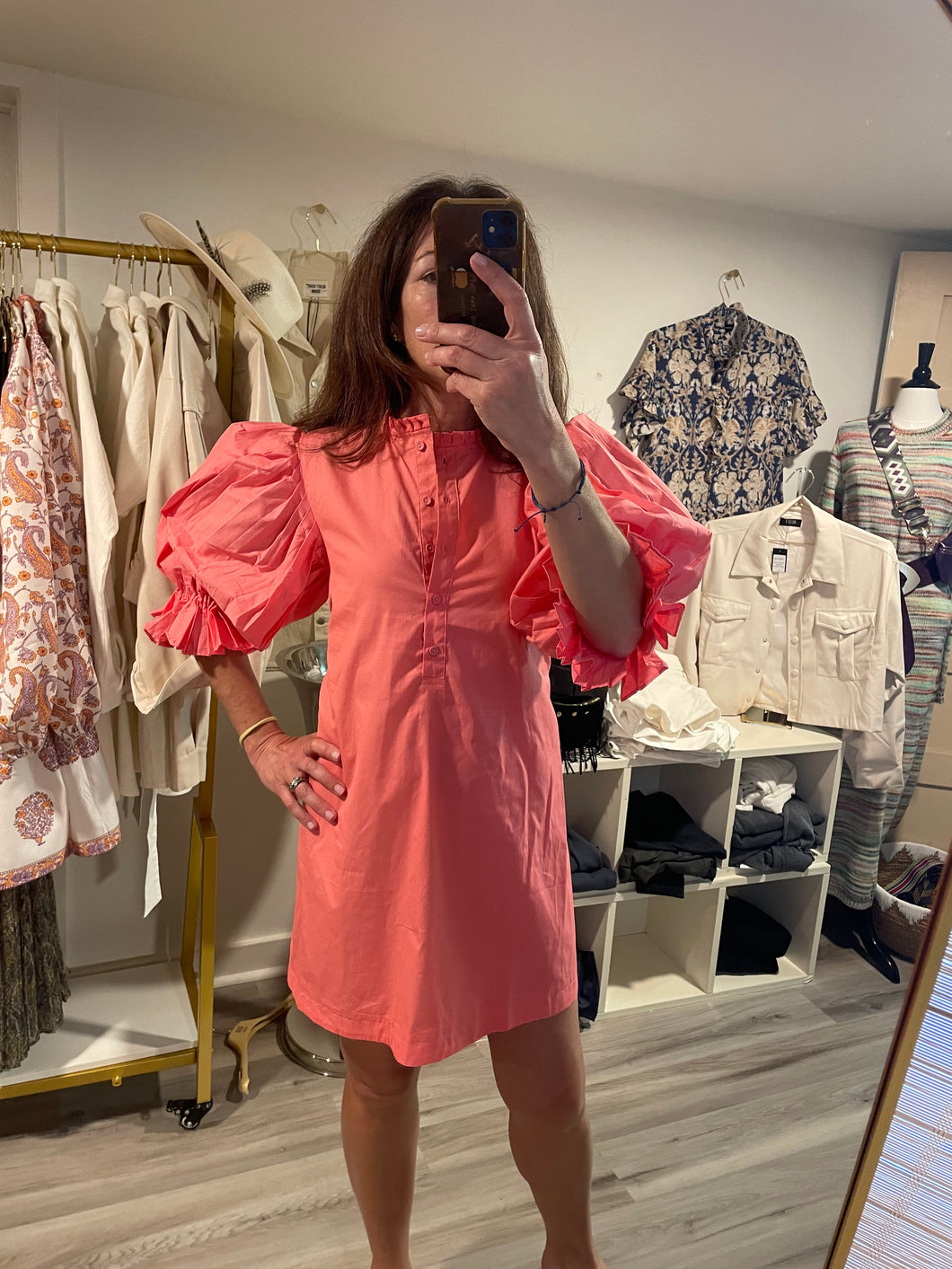 Pink Long Sleeve Poplin Dress with pleated sleeve detail