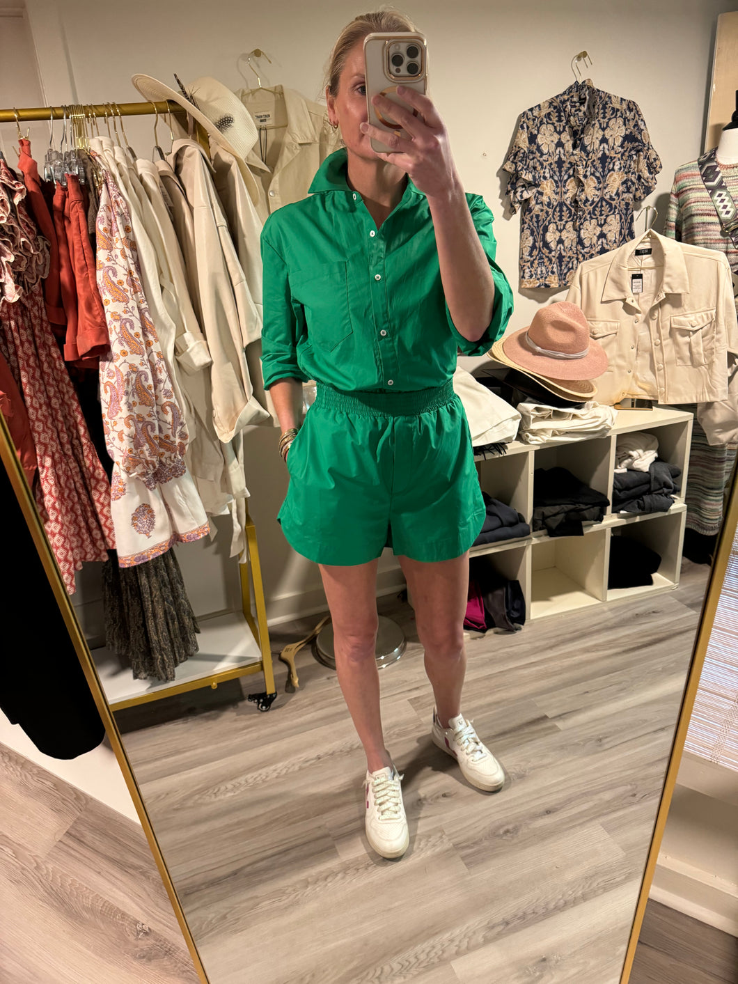 Green Long Sleeve Button Front Romper