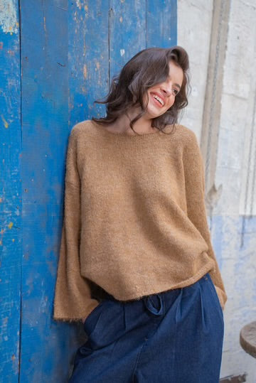 Camel Zipper Back Sweater