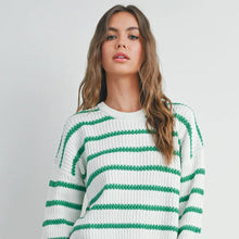 Load image into Gallery viewer, White with Green Striped Drop Shoulder Sweater
