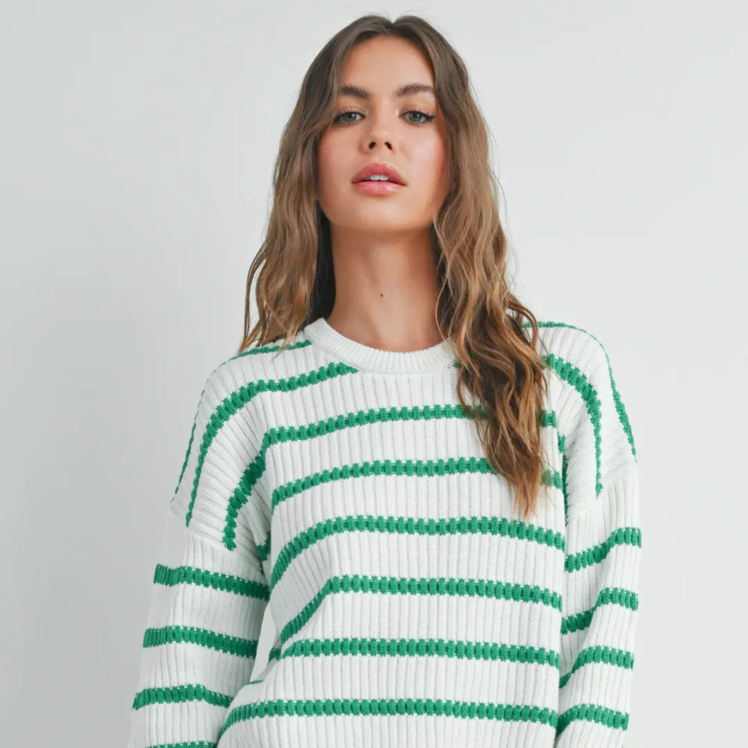 White with Green Striped Drop Shoulder Sweater