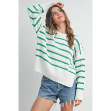 Load image into Gallery viewer, White with Green Striped Drop Shoulder Sweater
