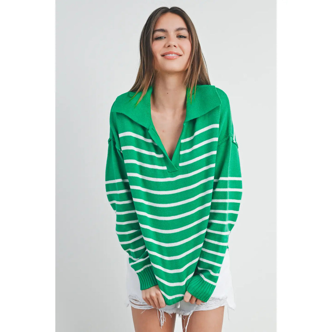 Green with White Stripe V-Neck Sweater