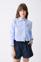 Load image into Gallery viewer, Baby Blue Ruffle Front Cropped Button Down
