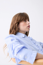 Load image into Gallery viewer, Baby Blue Ruffle Front Cropped Button Down
