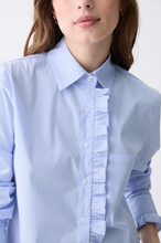 Load image into Gallery viewer, Baby Blue Ruffle Front Cropped Button Down
