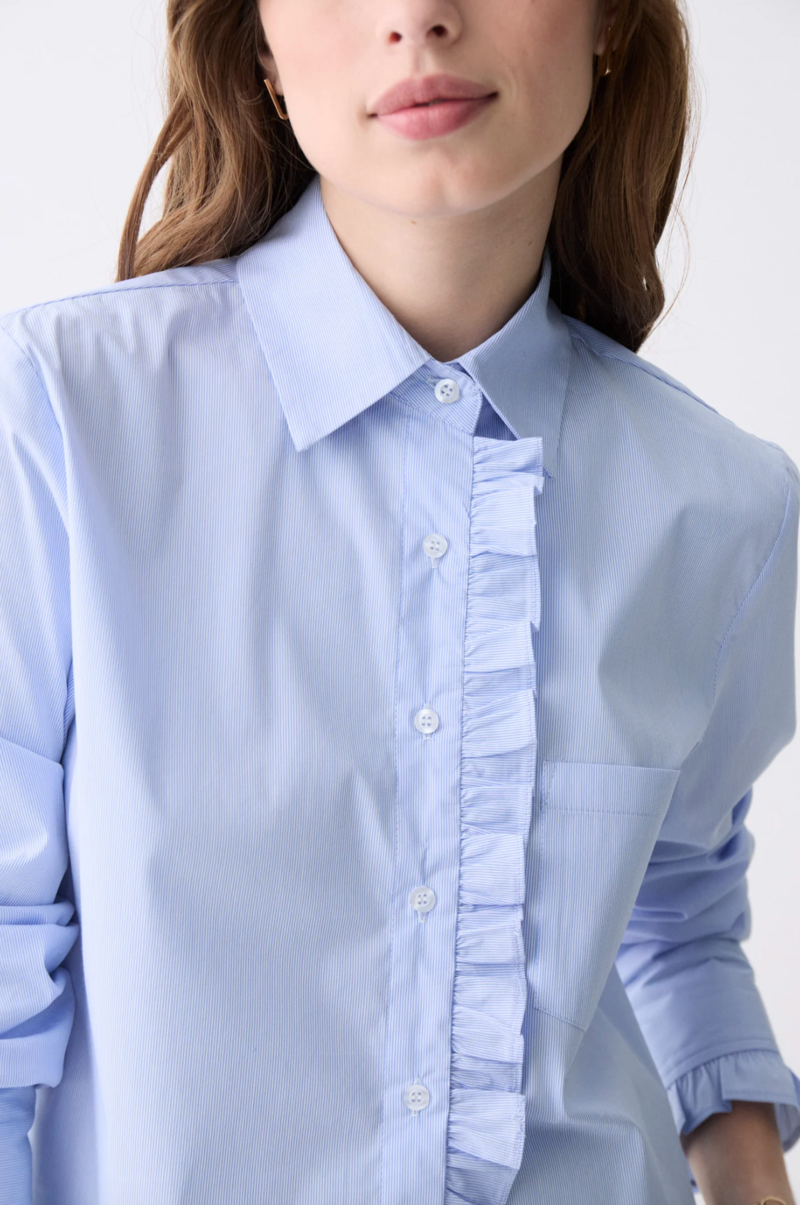 Baby Blue Ruffle Front Cropped Button Down