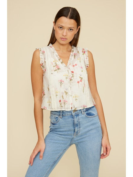 Ivory Floral Ruffle Trim Tank