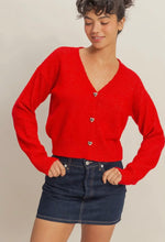 Load image into Gallery viewer, Red V-Neck Cardigan with Heart Buttons
