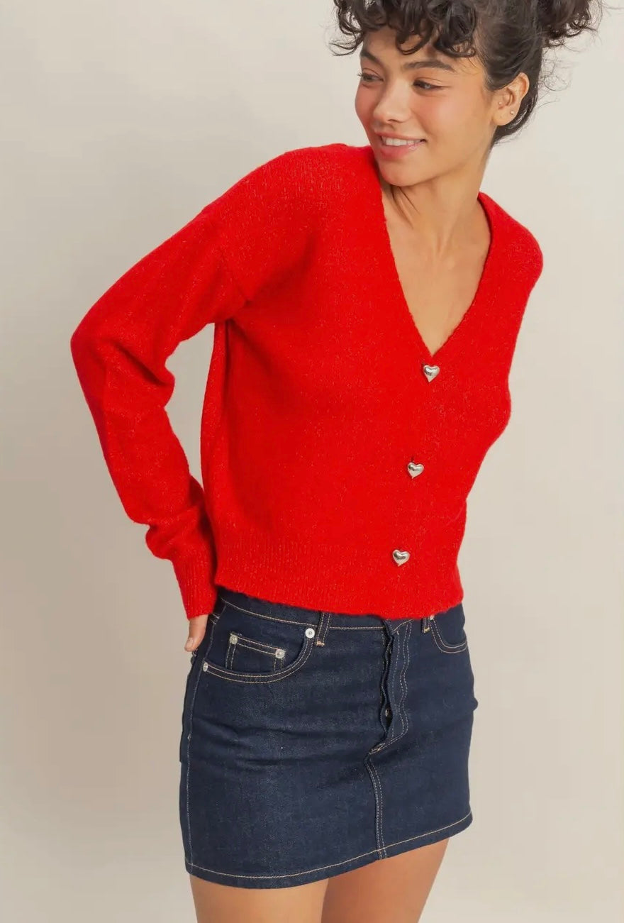 Red V-Neck Cardigan with Heart Buttons
