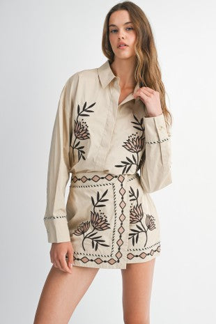 Tan and Black Embroidered Floral Skirt