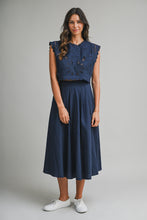 Load image into Gallery viewer, Navy Scalloped Top and Midi Skirt Set
