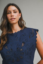 Load image into Gallery viewer, Navy Scalloped Top and Midi Skirt Set
