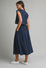 Load image into Gallery viewer, Navy Scalloped Top and Midi Skirt Set
