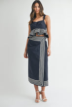 Load image into Gallery viewer, Navy Peplum Top with Wrap Midi Skirt
