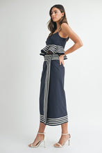 Load image into Gallery viewer, Navy Peplum Top with Wrap Midi Skirt

