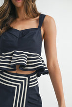 Load image into Gallery viewer, Navy Peplum Top with Wrap Midi Skirt

