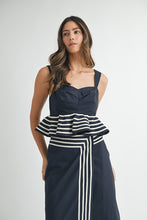 Load image into Gallery viewer, Navy Peplum Top with Wrap Midi Skirt
