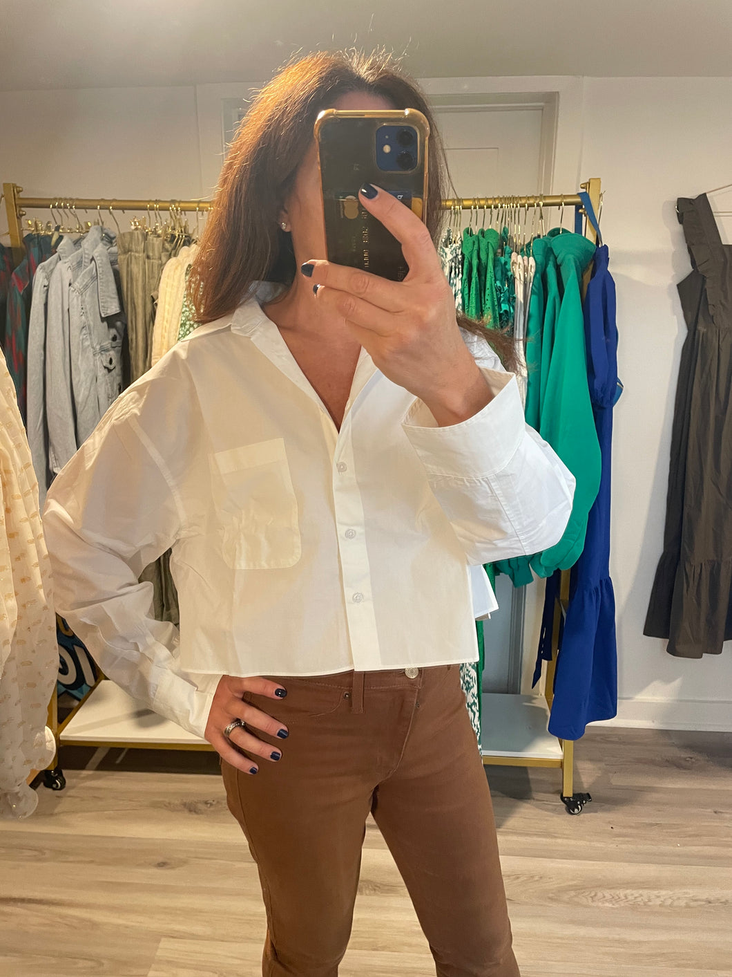 White Poplin Cropped Button Front Top