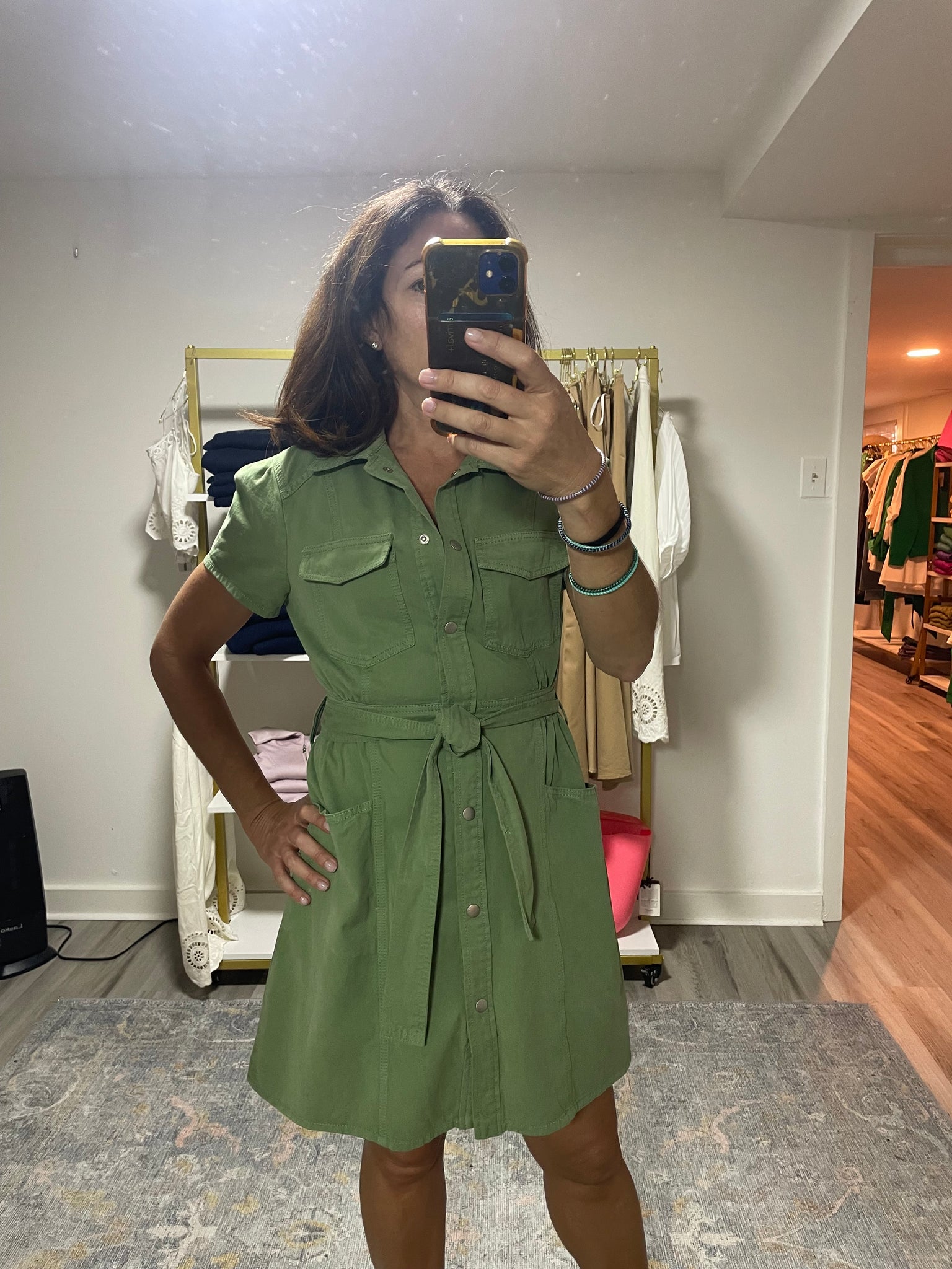 Olive Denim Dress with Tie TRIO