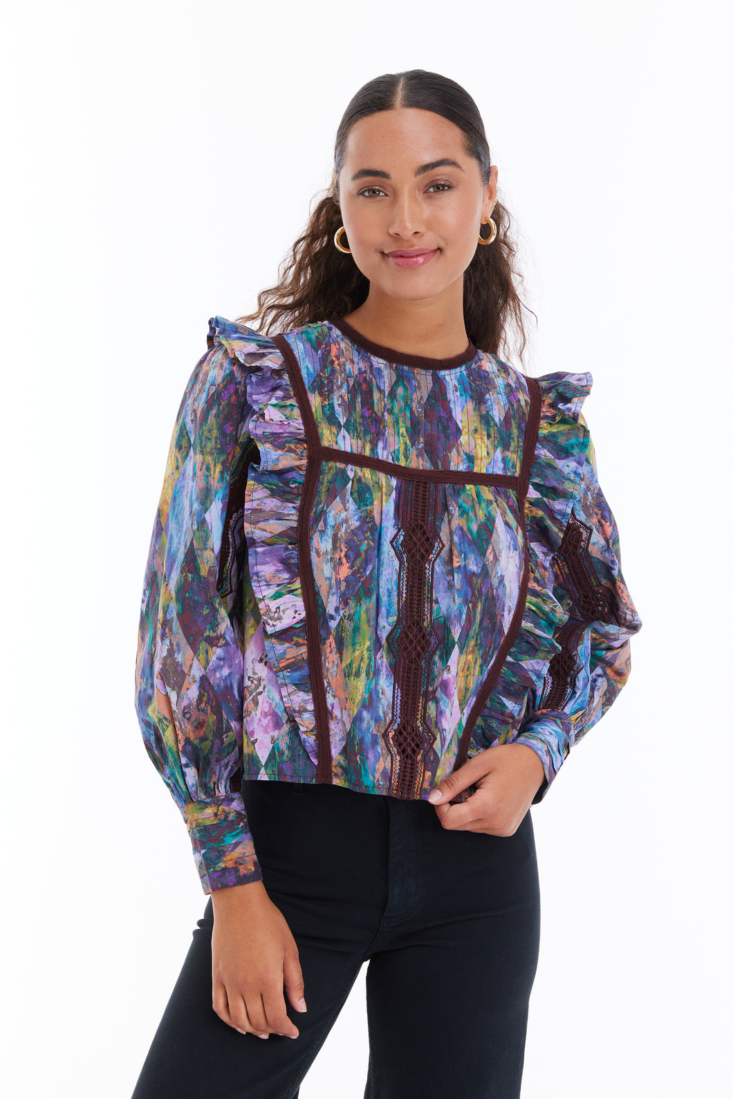 Purple Multi Colored Ruffle Front Blouse