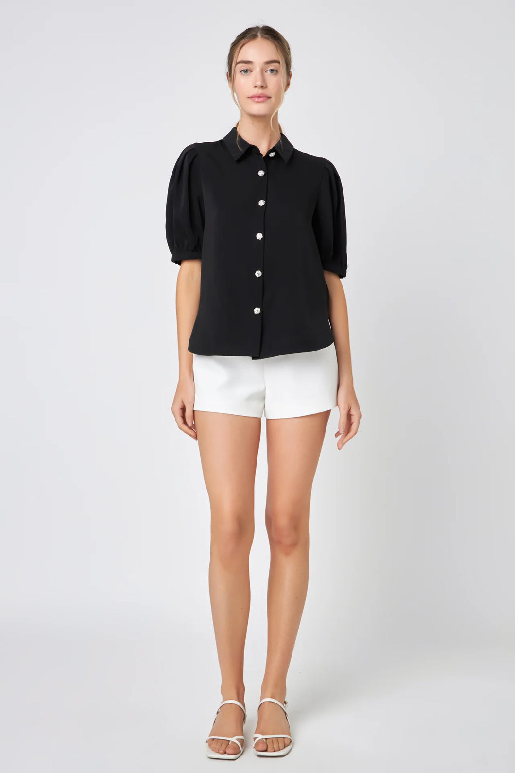 Black Satin Short Sleeve Blouse with Accent Buttons